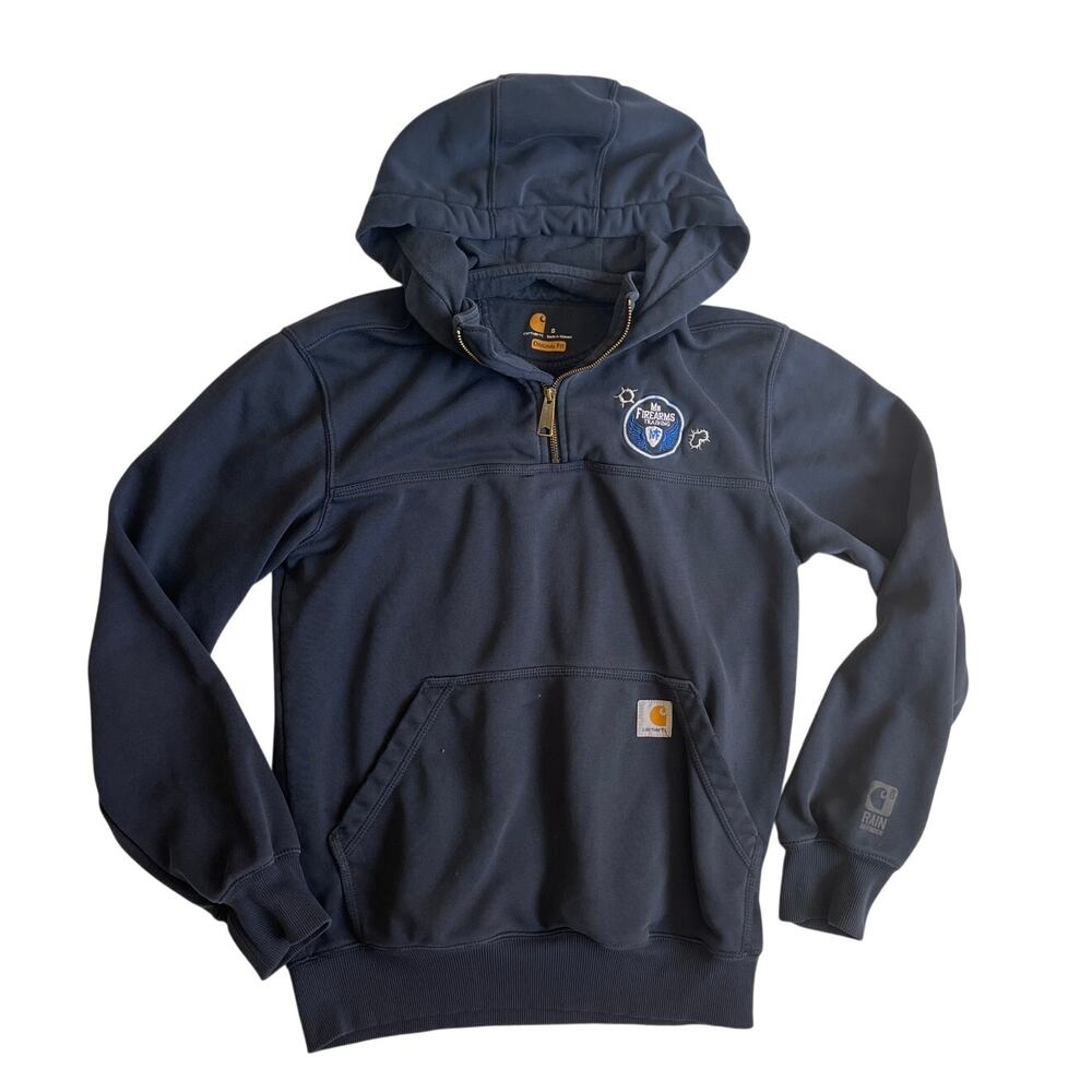 Carhartt Rain Defender Hooded Quarter Zip Sweatshirt Navy Logo Small